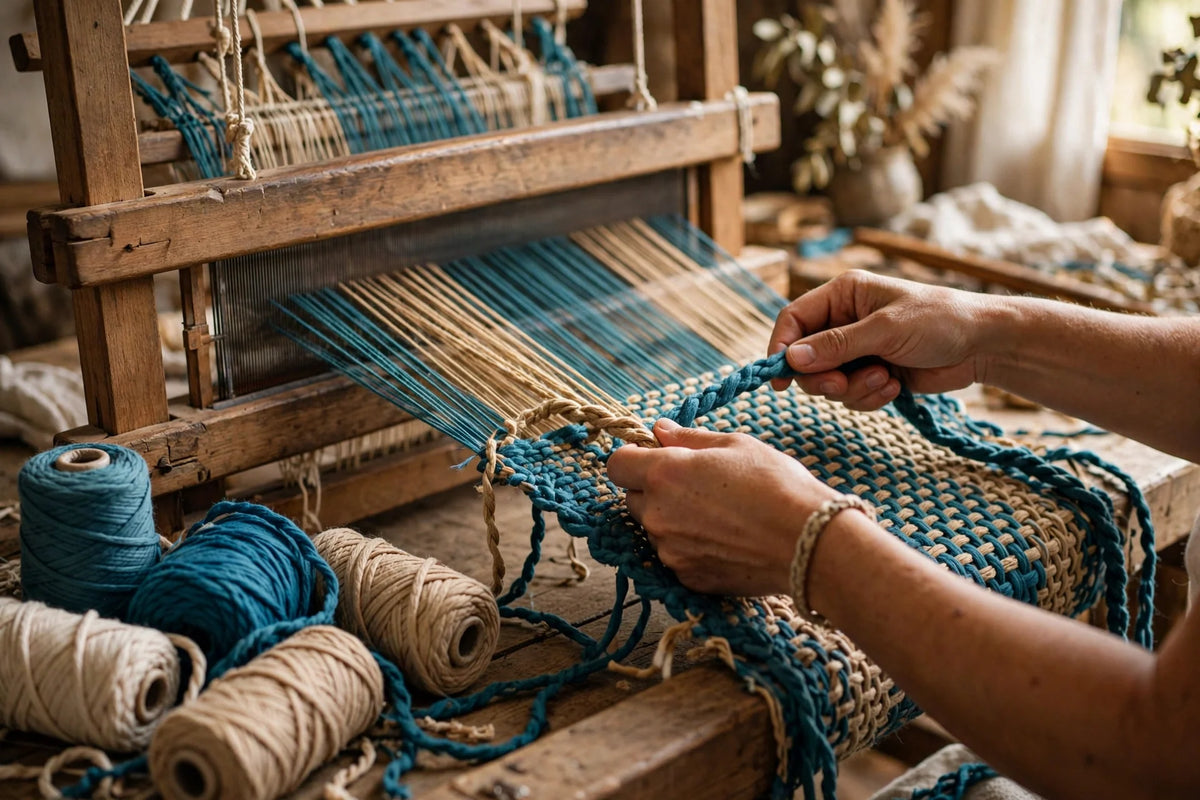 A weaver's hands working a wooden loom, weaving a hammock from teal and sand cotton cord