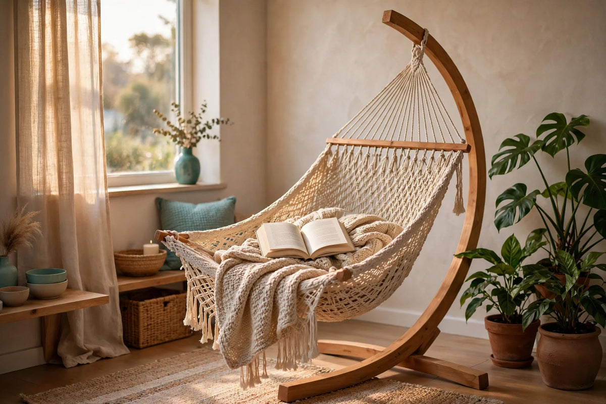 Handwoven cotton hammock on a wooden arc stand in a bright small apartment living room