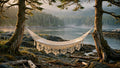 Matrimonial Mayan double hammock handwoven in cotton hanging between cedar trees in Nanoose Bay, BC