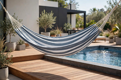 All-weather patio hammock hanging on a deck in Nanoose Bay, BC