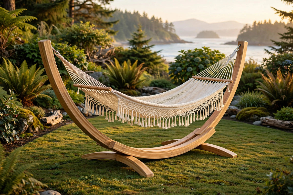 Bamboo arc hammock stand holding a woven hammock on a patio in Nanoose Bay, BC