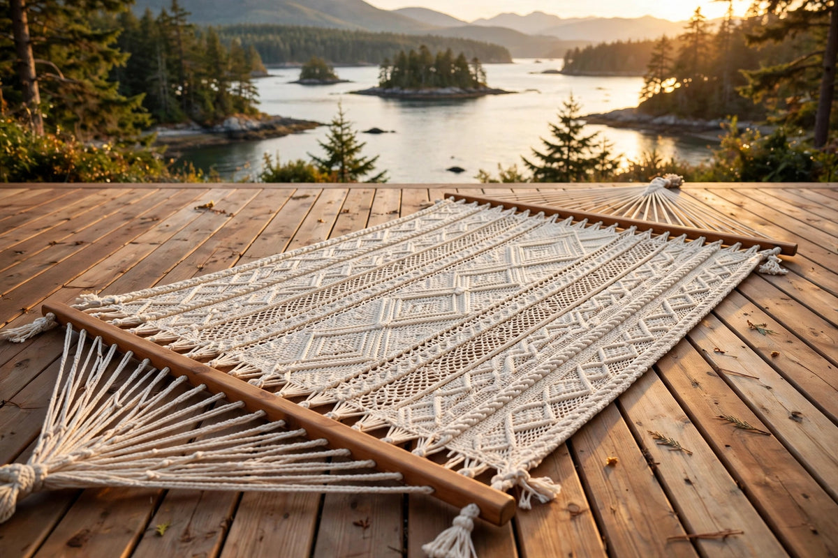 Bali woven double hammock with spreader bars hanging between cedar trees in Nanoose Bay, BC