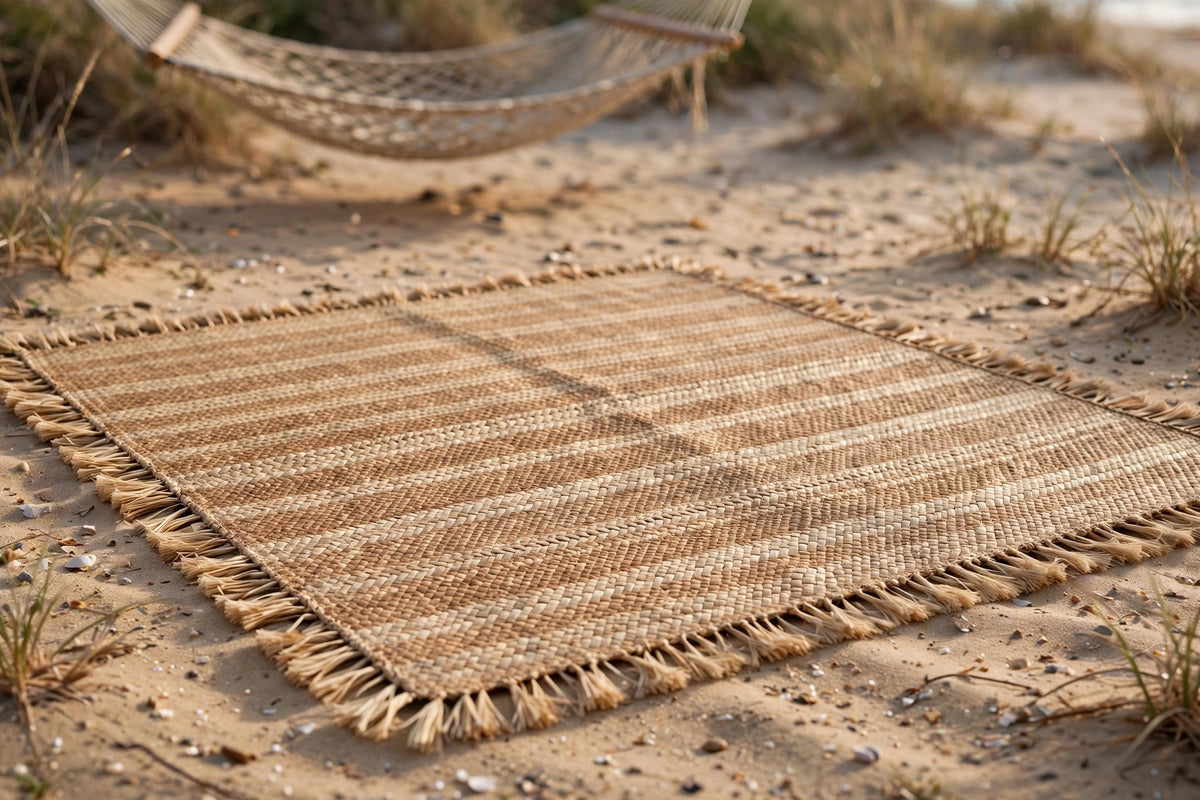 Handwoven beach and picnic mat spread out on a Vancouver Island beach