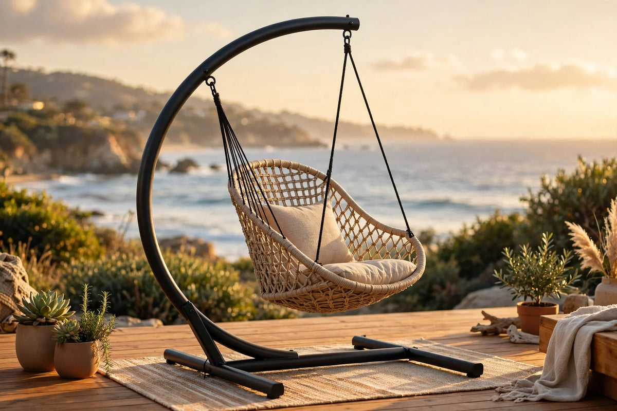 Hammock chair C-stand in steel holding a woven hammock chair