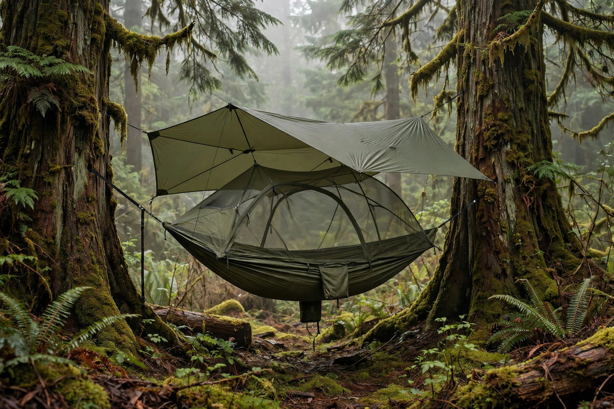 Expedition camping hammock set up between trees in a Vancouver Island forest