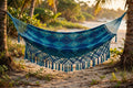Family-size Mayan hammock, handwoven extra-wide, hanging between cedar trees in Nanoose Bay, BC