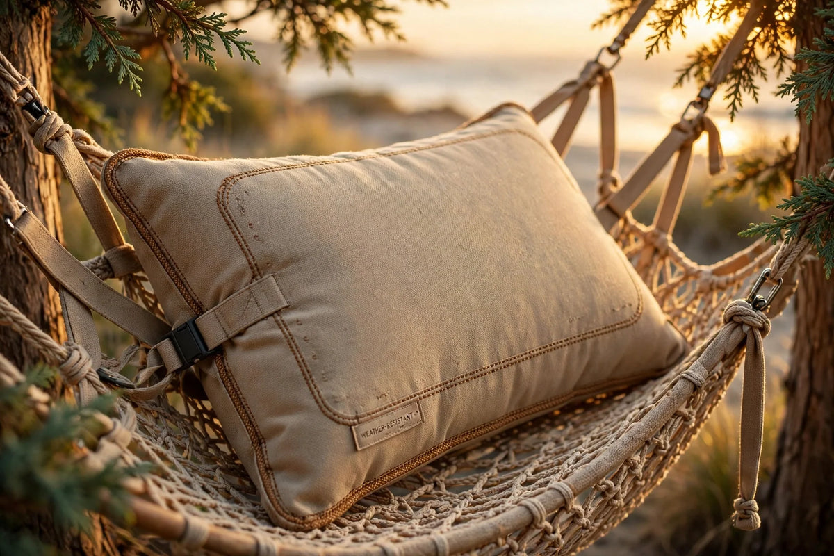 Weather-resistant hammock pillow tied onto a woven hammock