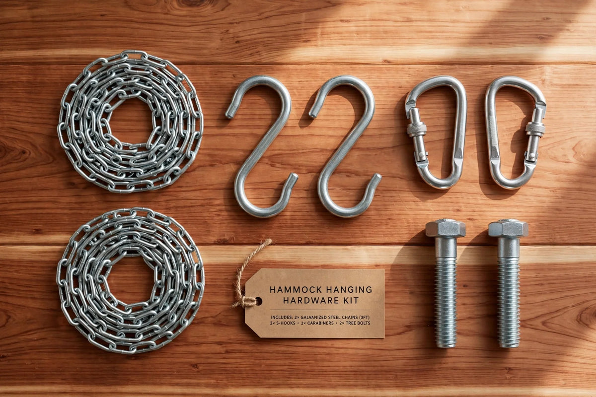 Hammock hanging hardware kit with chains, S-hooks and tree bolts