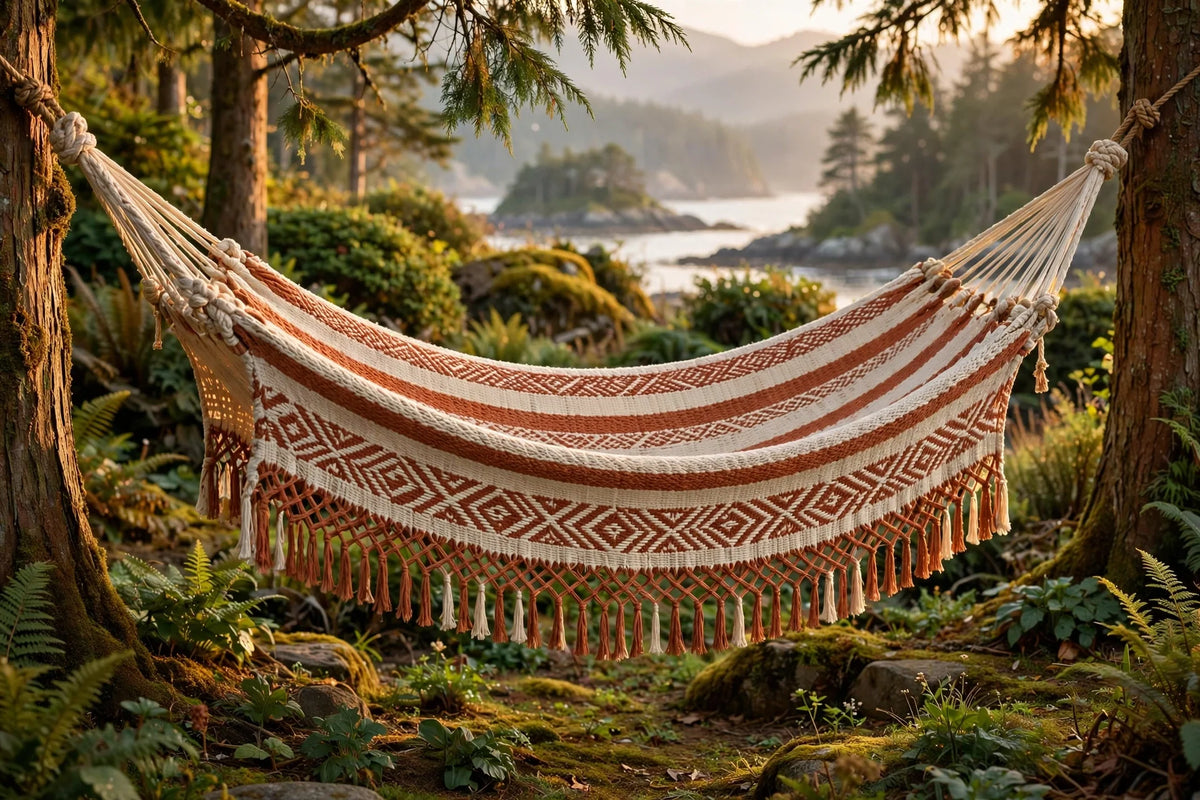 King Mayan hammock, oversized handwoven cotton, hanging between cedar trees in Nanoose Bay, BC