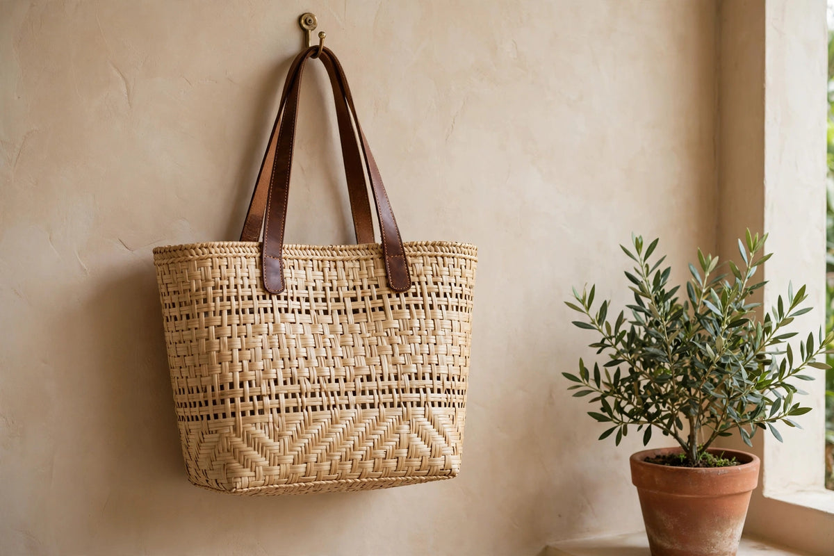 Handwoven market tote bag carried at a farmers market in BC