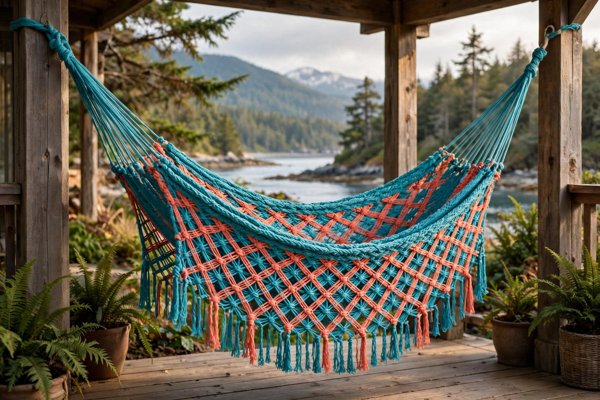 Mayan single hammock handwoven in cotton hanging between cedar trees in Nanoose Bay, BC