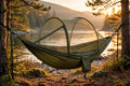 Mosquito net travel hammock with bug netting set up at a campsite in BC