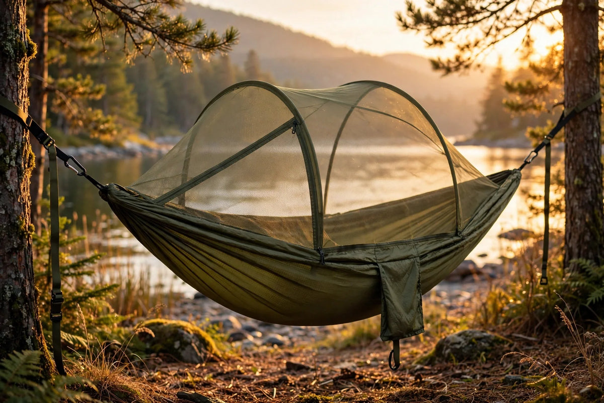Mosquito net travel hammock with bug netting set up at a campsite in BC