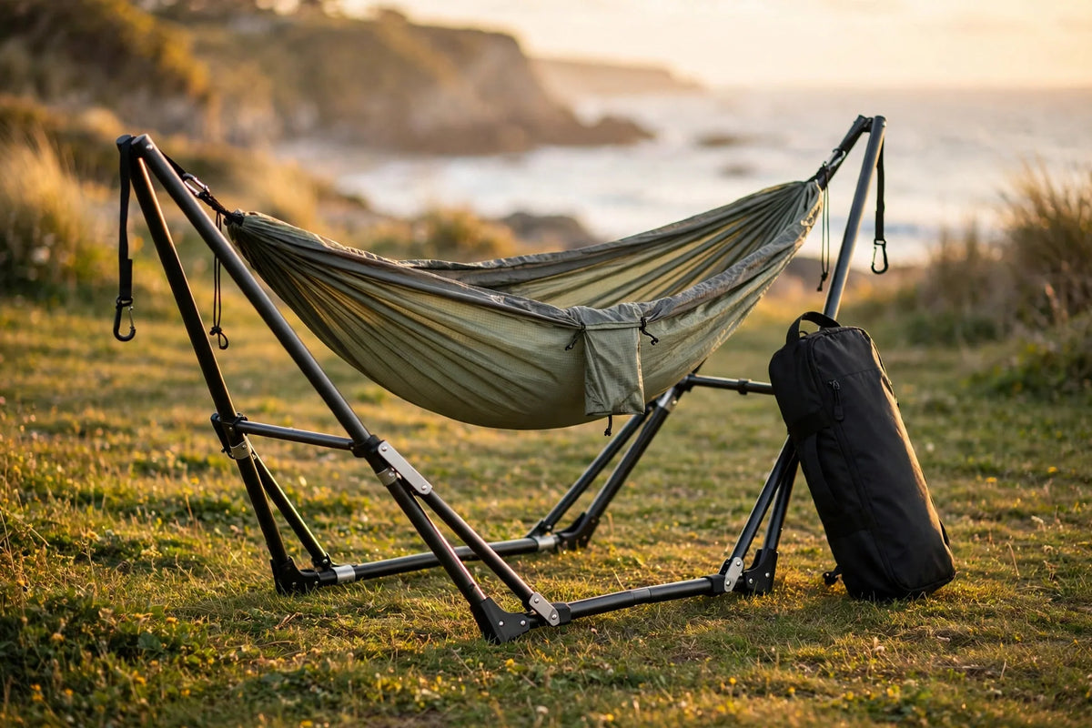 Portable tool-free hammock stand set up at a Vancouver Island campsite