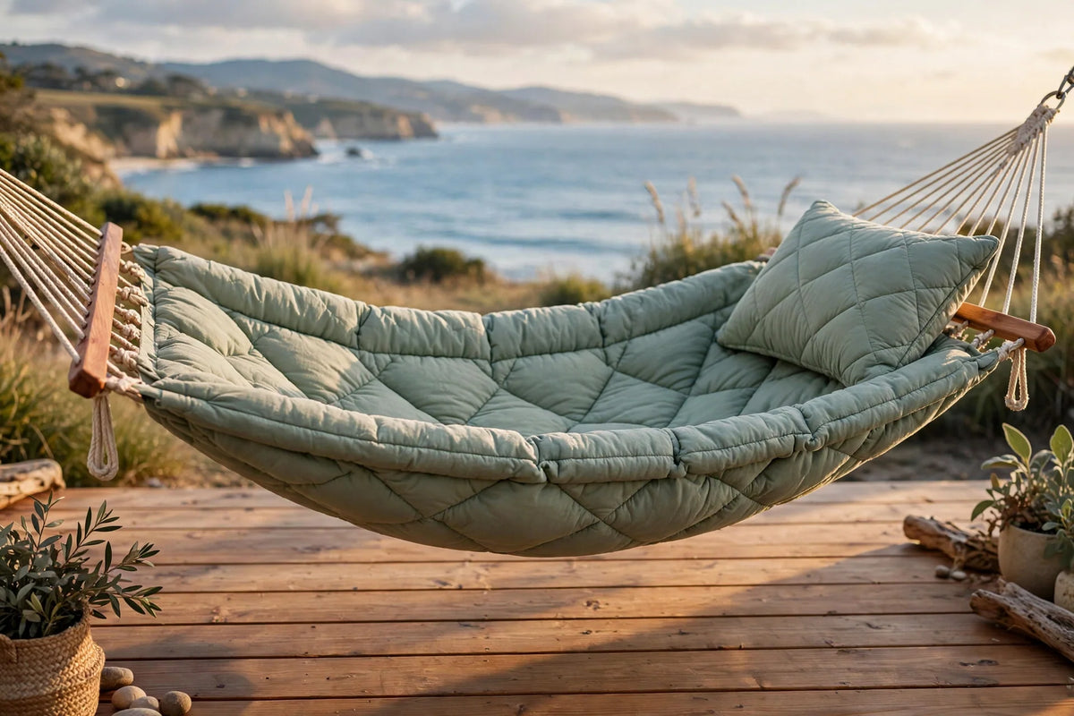 Quilted fabric hammock with pillow hanging on a patio in BC