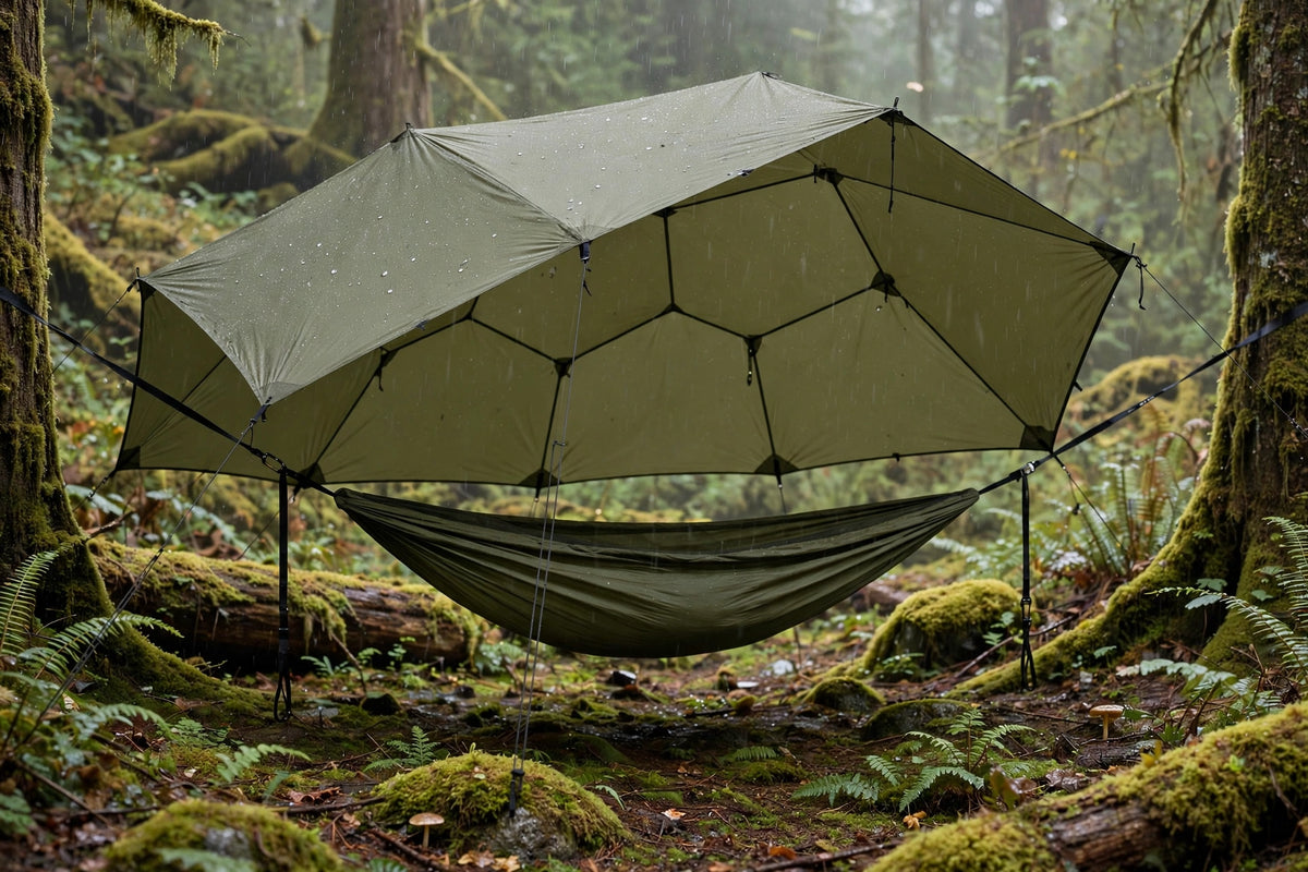 Expedition rainfly shelter pitched over a hammock in a Vancouver Island forest