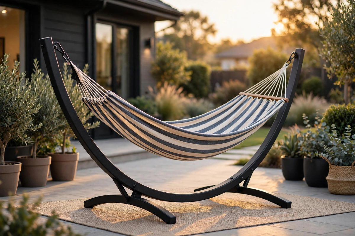 Steel arc hammock stand in powder-coat black holding a woven hammock in a BC backyard