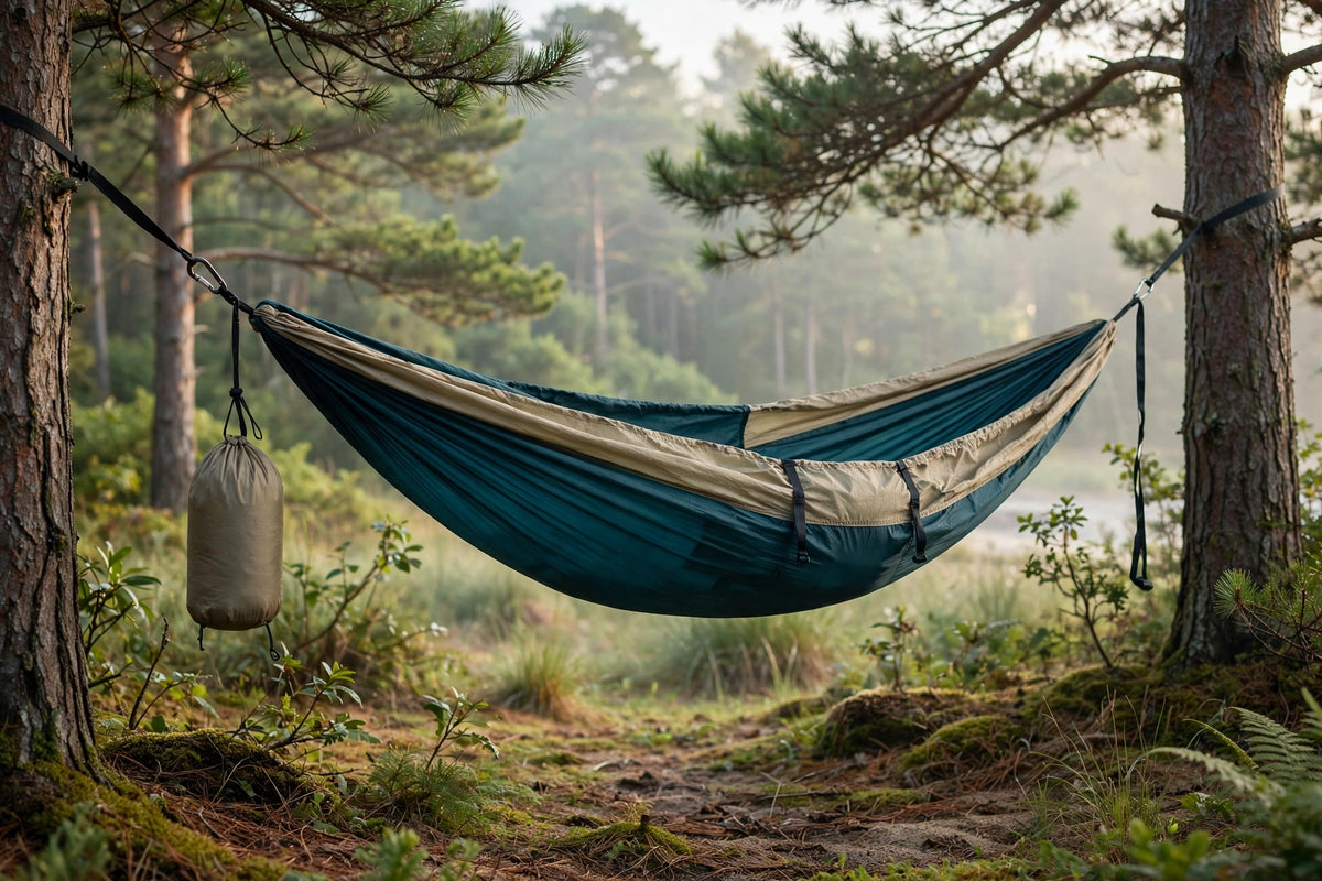 Uluwatu lightweight travel hammock hanging between trees at a Vancouver Island campsite