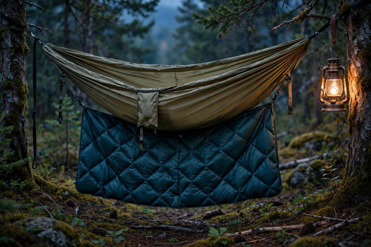 Hammock underquilt, 3-season insulation fitted beneath a camping hammock