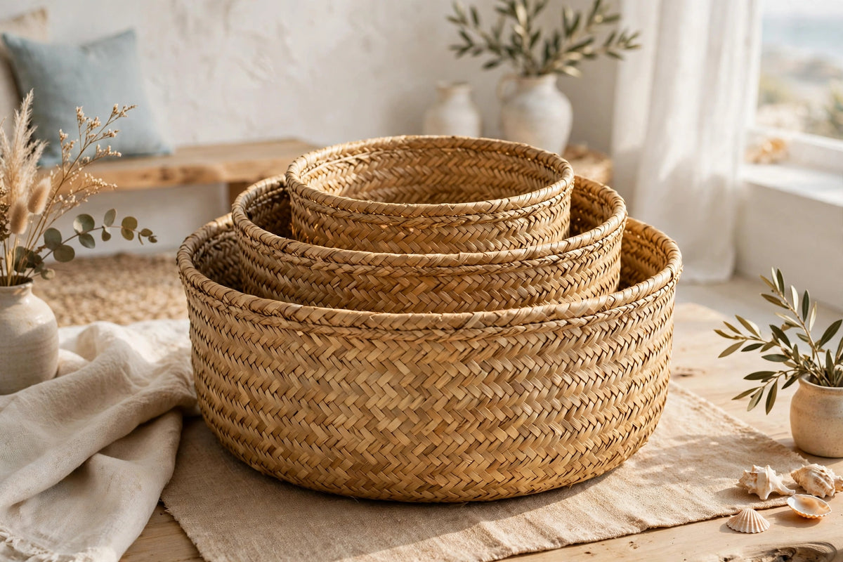 Set of three handwoven storage baskets from Bali on a shelf in a BC home