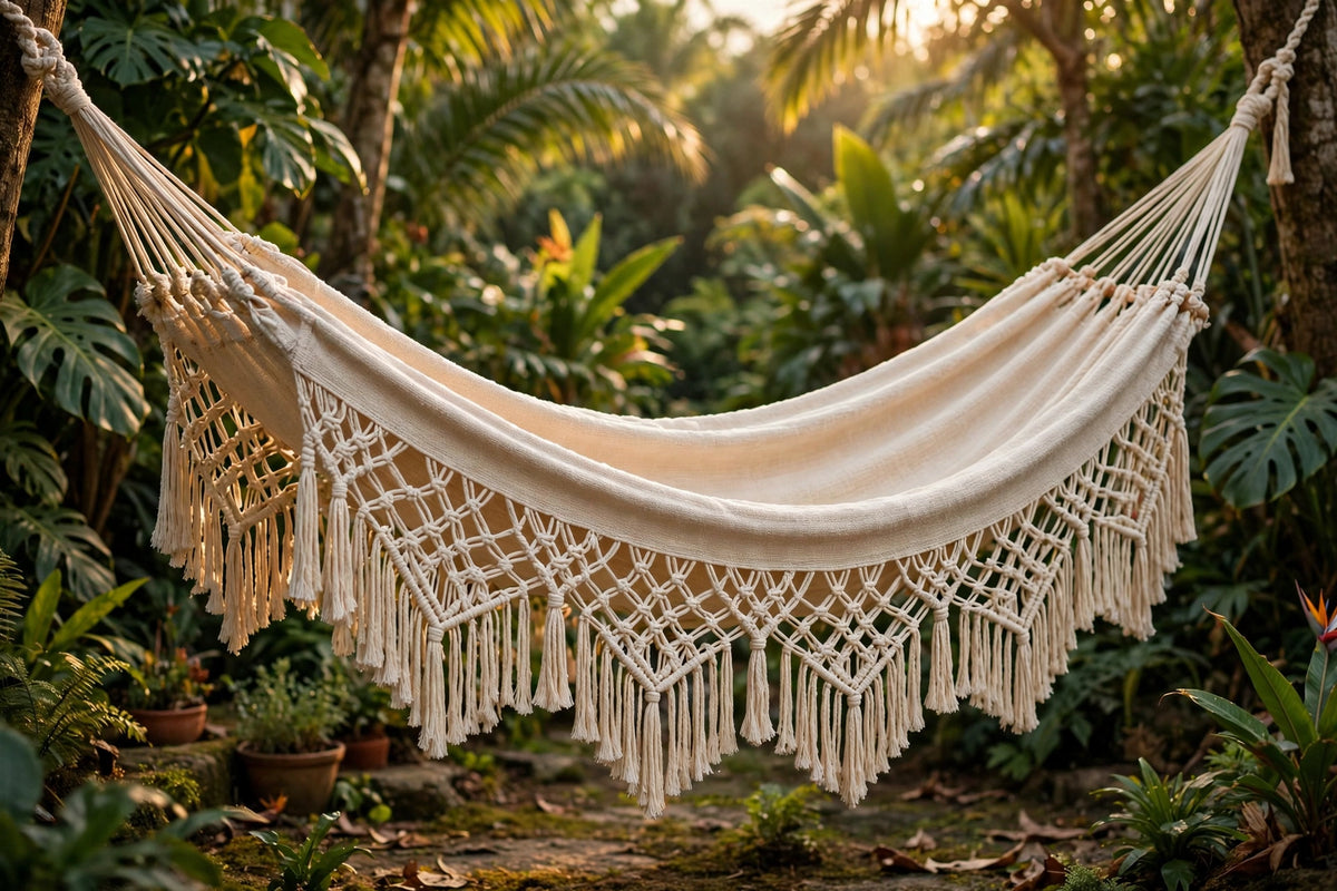Brazilian fringe double hammock in natural cotton with hand-knotted fringe