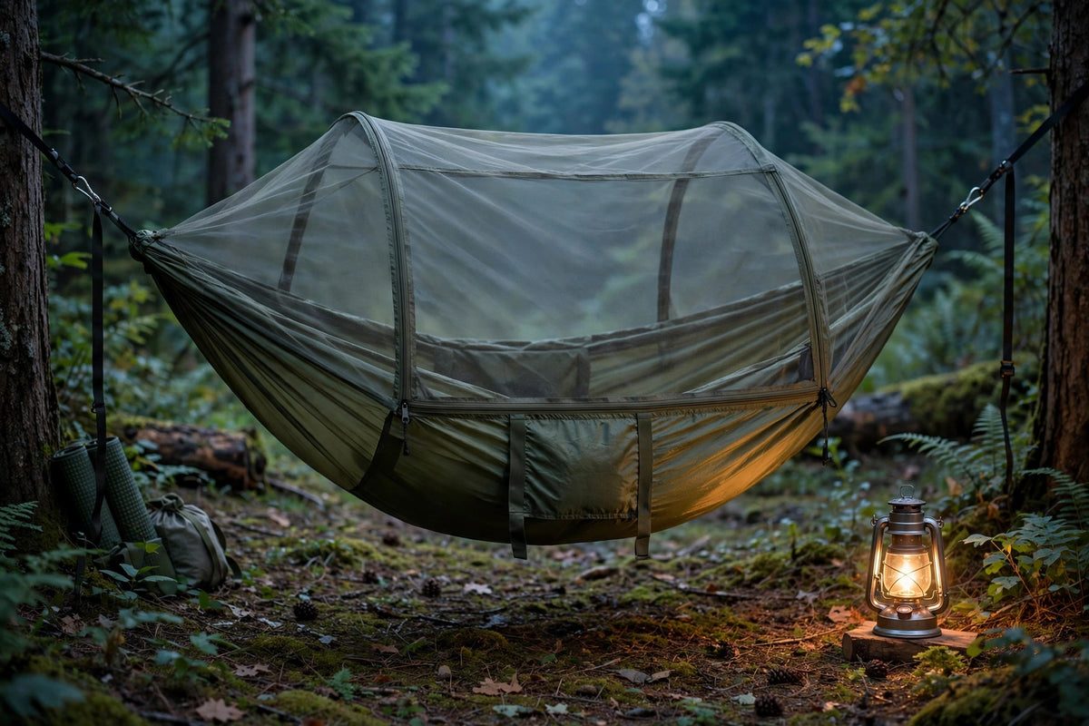 Standalone hammock bug net with fine no-see-um mesh over a camping hammock