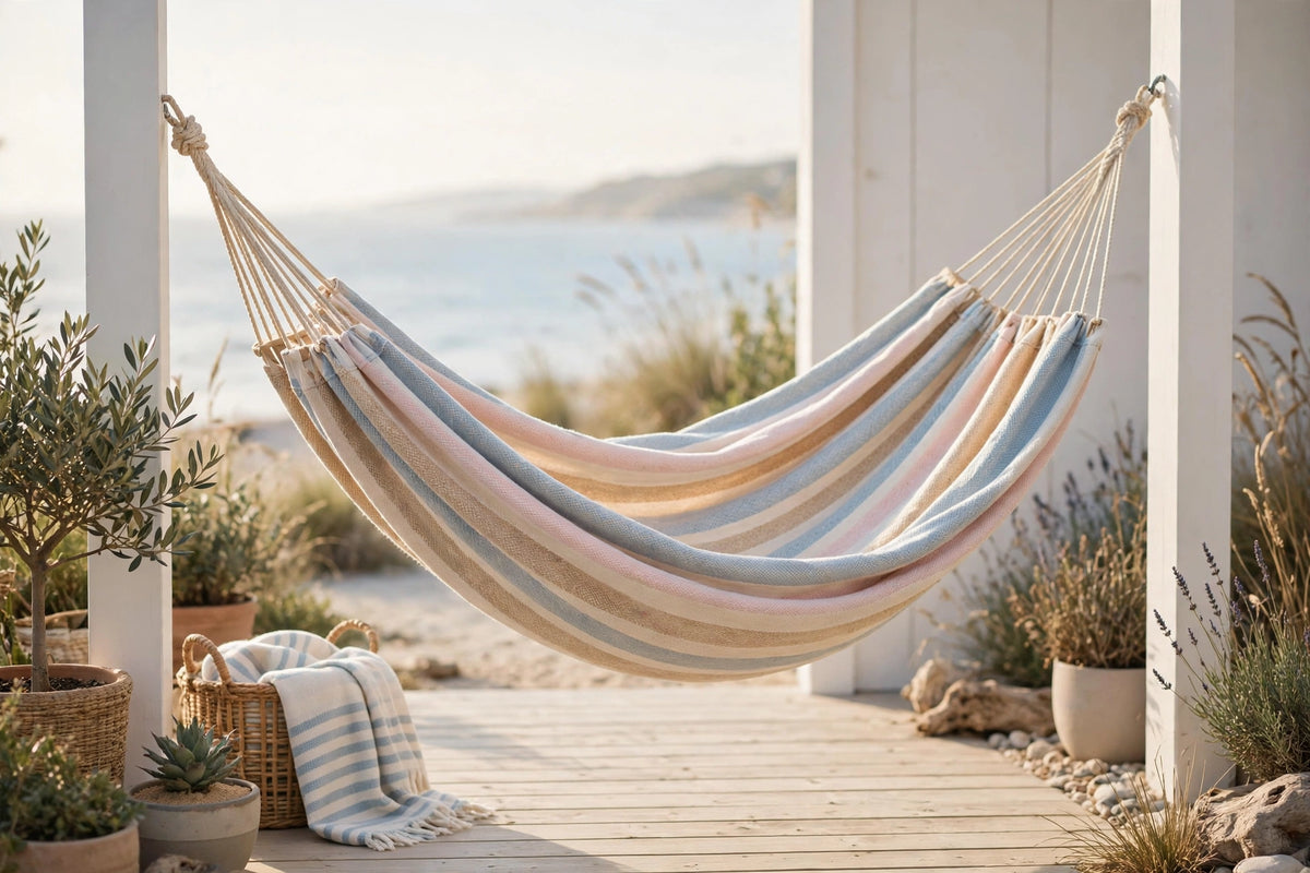 Cielo striped cotton double hammock handwoven in the Yucatán hanging on a porch