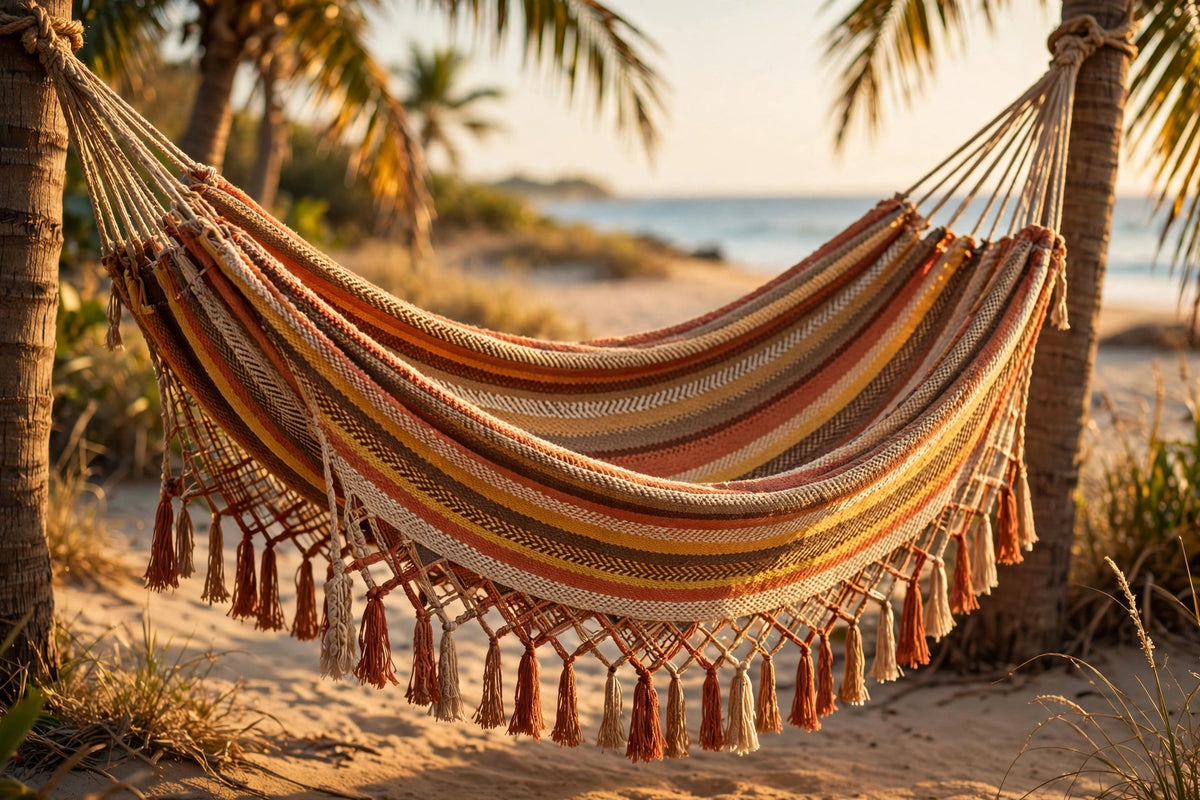 Colombian classic double hammock handwoven in cotton hanging between cedar trees in Nanoose Bay, BC