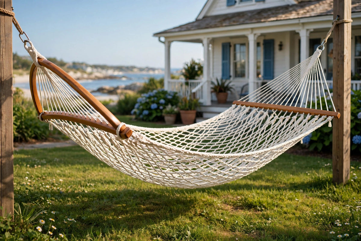 Deluxe rope hammock with wooden spreader bars hanging between cedar trees