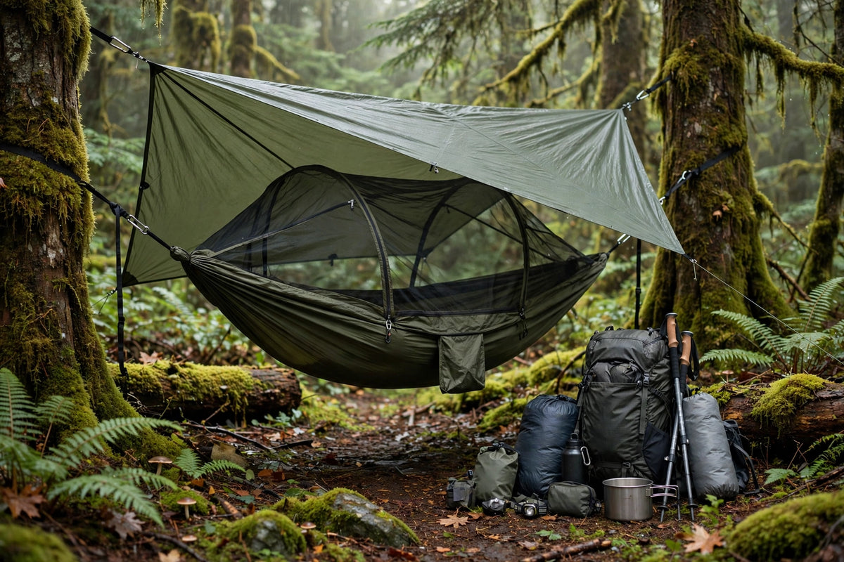 Expedition hammock system with bug net and rain tarp set up in a Vancouver Island forest