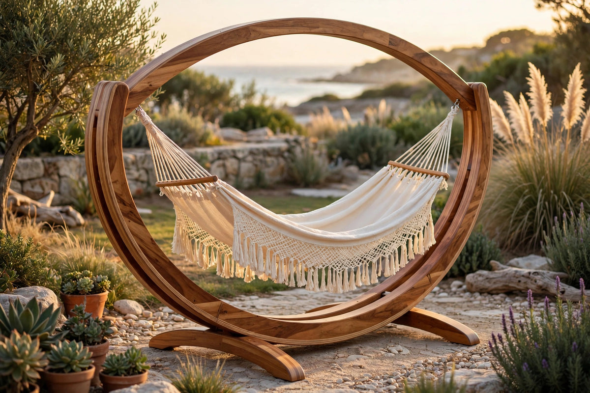 Grand wooden arc hammock stand holding a woven hammock in a BC backyard