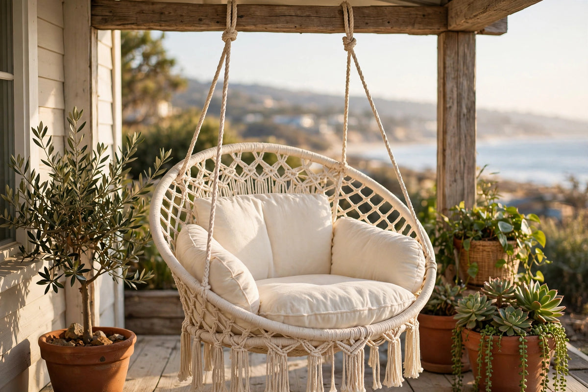 Deluxe hanging chair with cushion, a woven swing seat hanging on a porch in BC