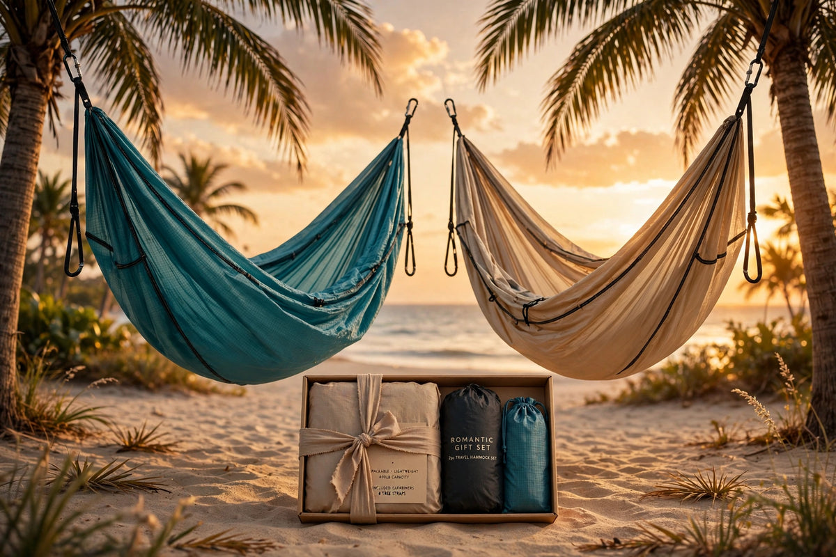 The Honeymoon Pair — two matching travel hammocks presented in Slack Tide gift packaging