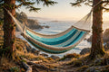 Mayan double hammock in blue Ocean Stripe cotton weave hanging between cedar trees