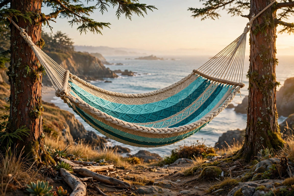 Mayan double hammock in blue Ocean Stripe cotton weave hanging between cedar trees