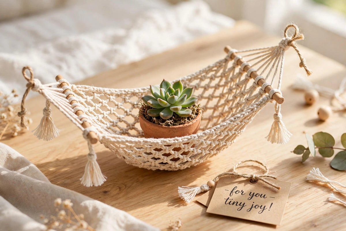 Mini desktop hammock, a tiny woven hammock on a desk stand