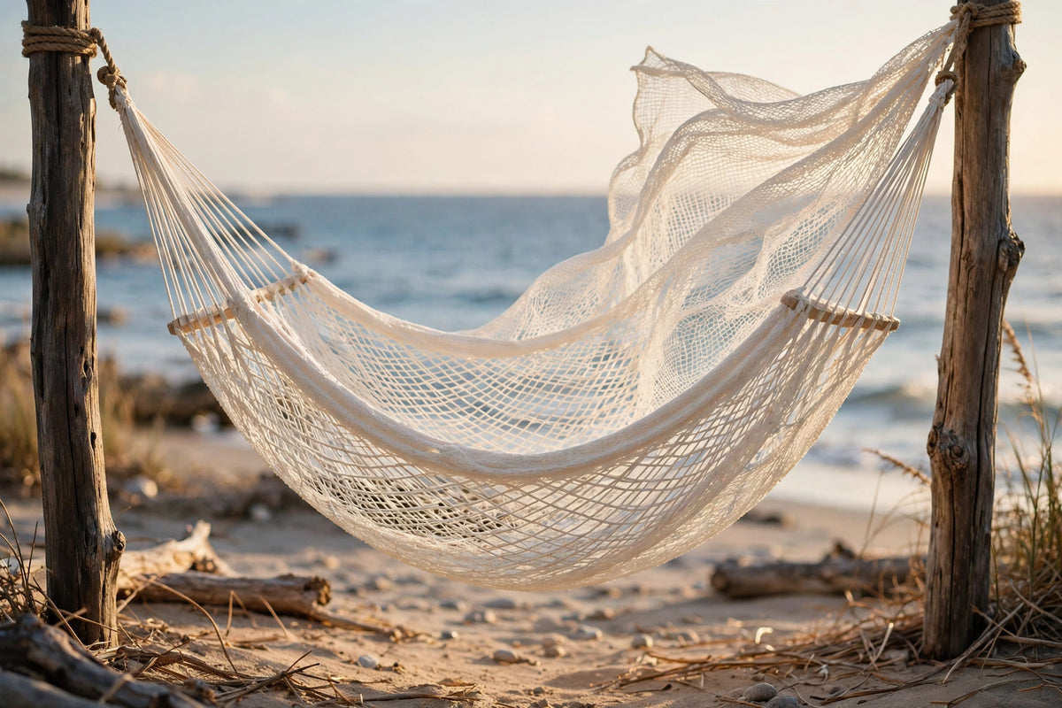 Oaxaca net hammock, handwoven open weave, hanging between trees in BC