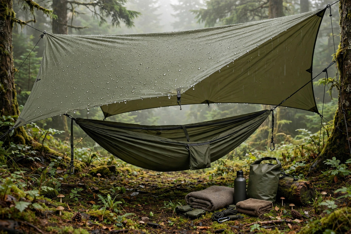 XL hammock rain tarp pitched over a camping hammock in a Vancouver Island forest