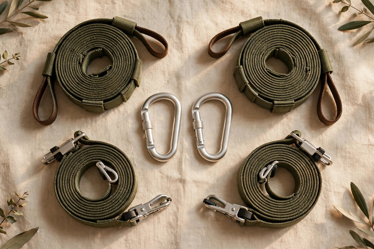 Complete hammock suspension kit with straps, carabiners and hanging lines