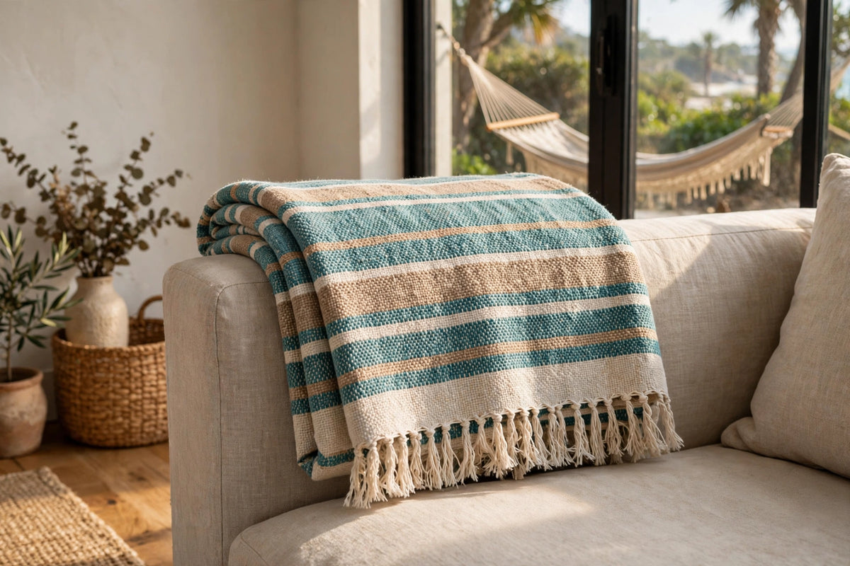 Handwoven cotton throw blanket draped over a hammock in Nanoose Bay, BC