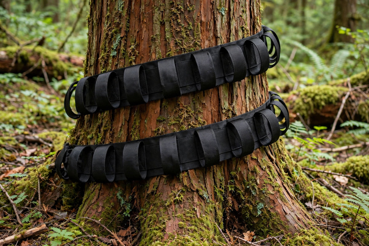 Tree Straps PRO extra-long pair wrapped around a cedar tree trunk in Nanoose Bay, BC