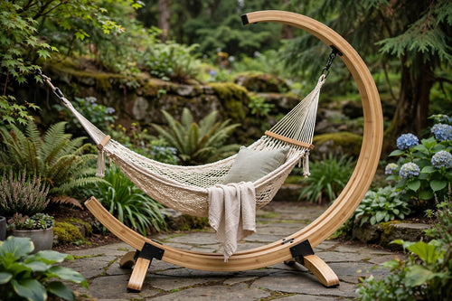 Bamboo arc hammock stand for a single hammock on a stone patio