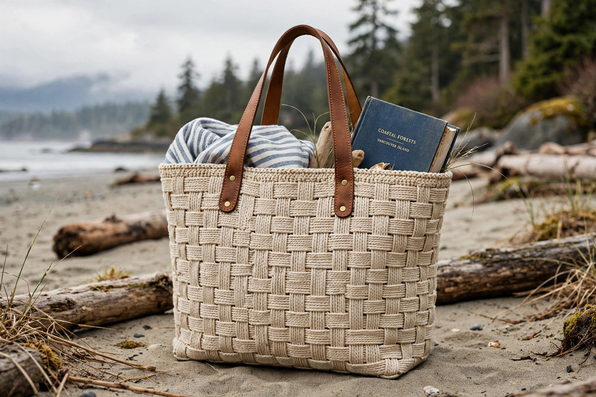 Large handwoven beach tote in natural cotton standing on sand at the beach