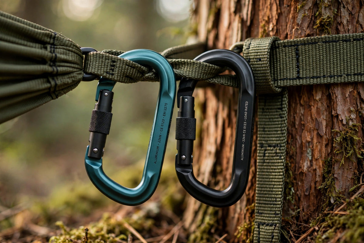 Pair of load-rated aluminium carabiners clipped to hammock suspension webbing