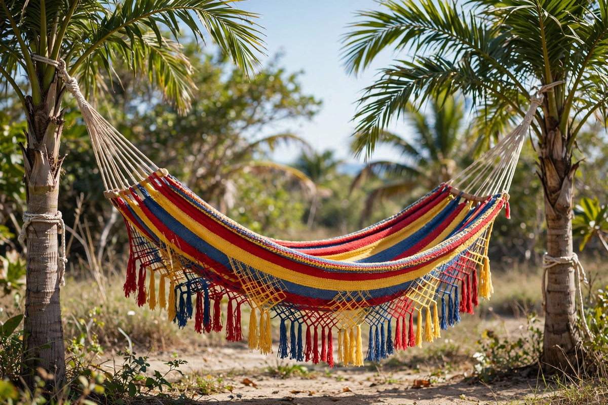 Colombian single hammock in red, yellow and blue woven stripes hanging between trees