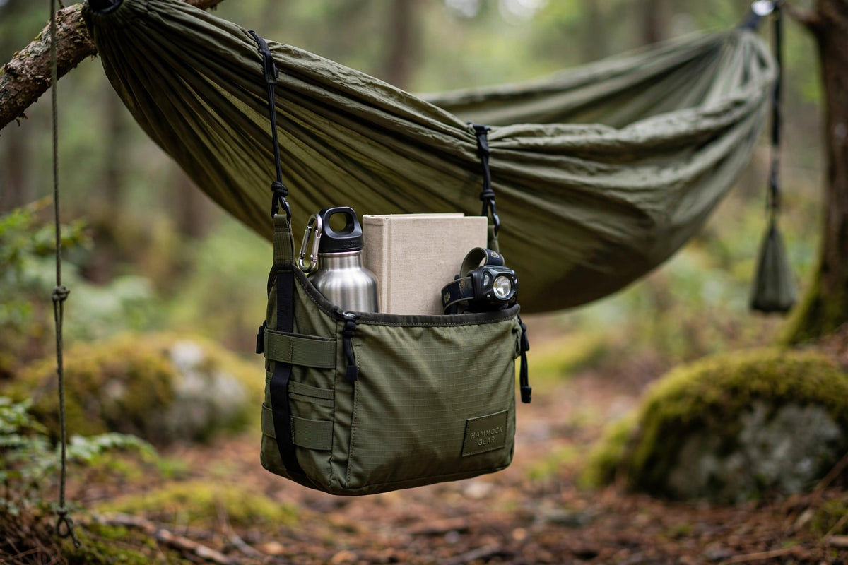 Hammock gear sling in olive fabric hanging beneath a camping hammock