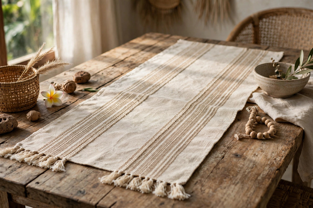 Handwoven natural cotton table runner on a rustic wooden dining table