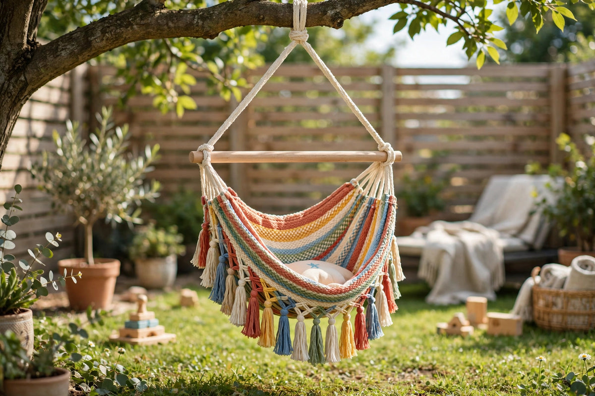 Junior hammock swing for kids in woven cotton hanging low in a sunny backyard