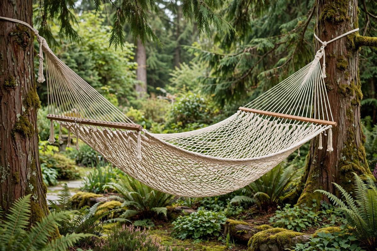 King Mayan hammock in natural ecru cotton weave hanging wide between cedar trees