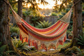 Mayan double hammock in coral and amber Sunset Stripe cotton weave hanging between cedar trees